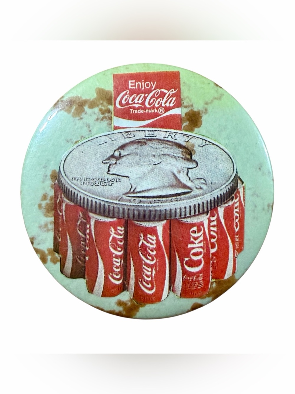 Vintage Coca-Cola Soda Bottles Cans Pinback Button Collectible